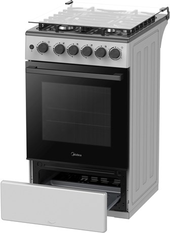 фото: Газовая плита Midea MFO-M4G20T0E(SL) серебристый/черный (стеклянная крышка) реш.чугун